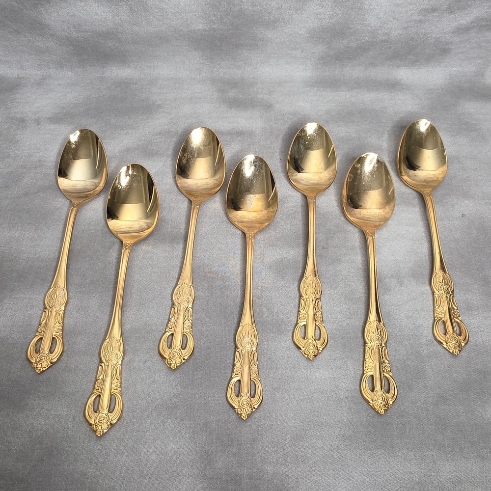 (X7) Hanford Forge Princeton Gold Electroplate Place/Oval Soup Spoons 7.25" Vtg